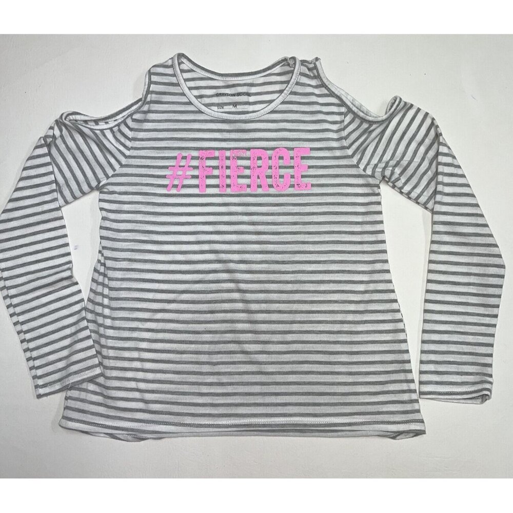 Grayson Social Girls Long Sleeve Cold Shoulder Top Size M White Gray Striped